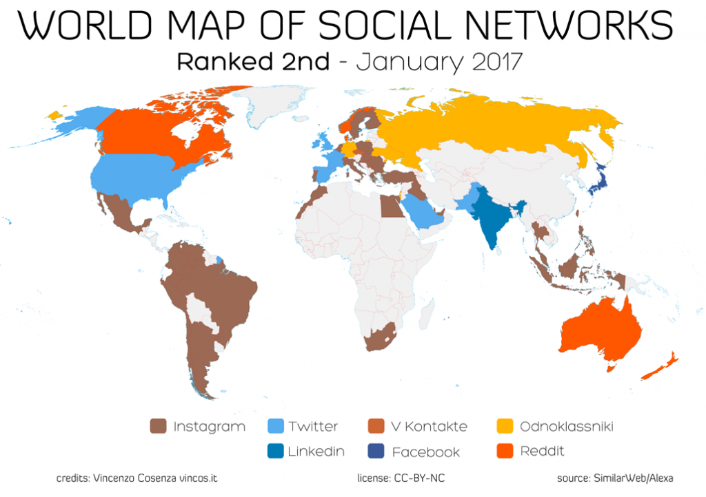 mappa mondiale dei social network al secondo posto per nazione