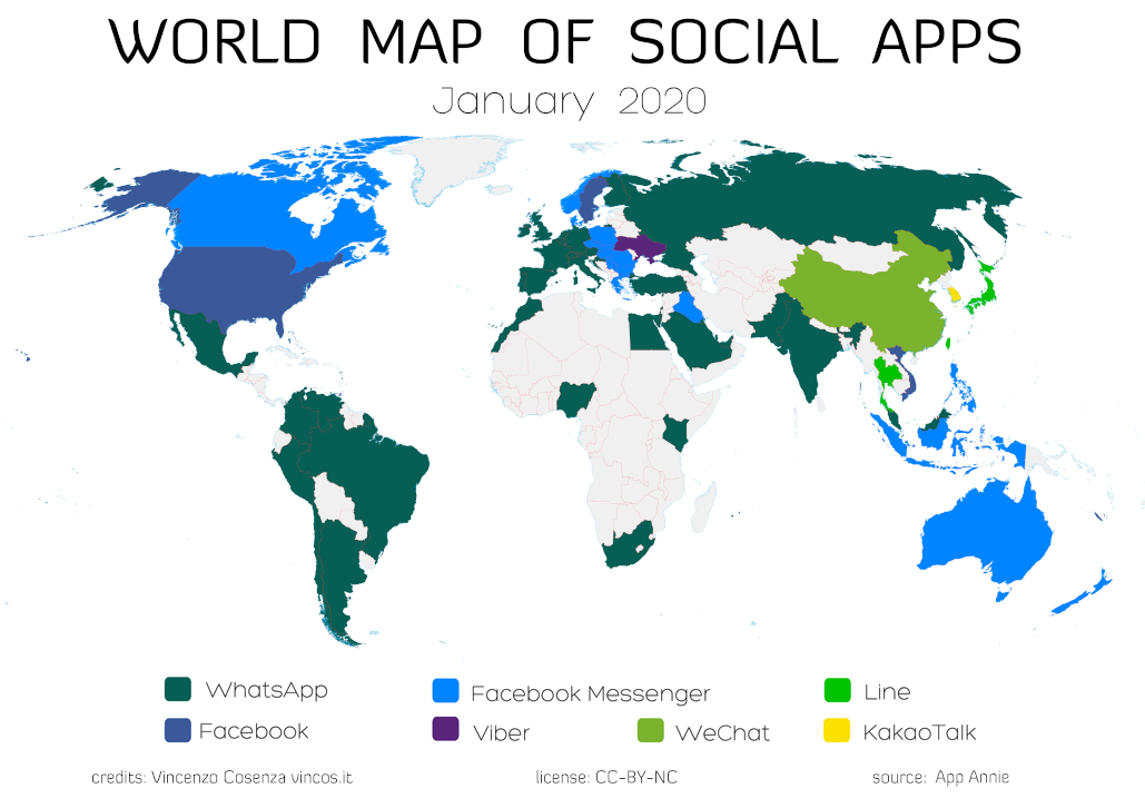 world map of social apps, mappa app più usate nel mondo