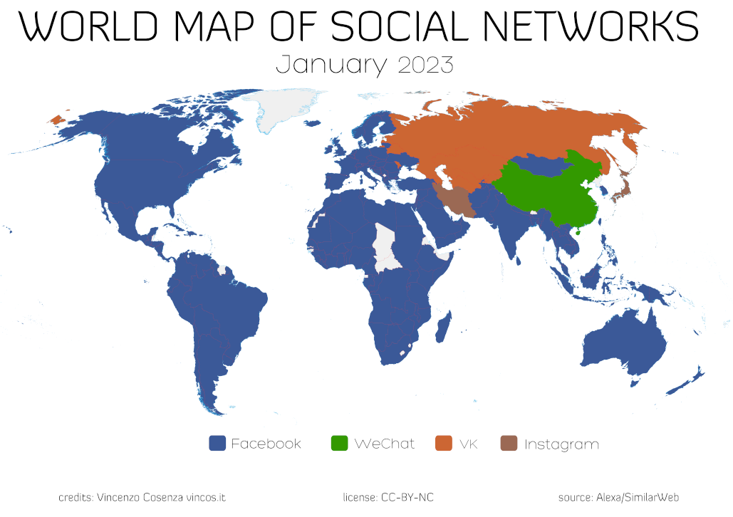 World map of social media as of January 2023